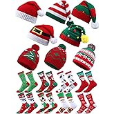 Suhine 16 Pcs Christmas Hats and Socks, 8 Patterns Xmas Hats 8 Pcs Holiday Santa Socks for Adult Kids Christmas Party Gift Supplies