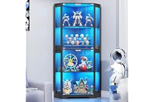 BROTTAR Corner Display Cabinet with Glass Doors, 65" Lighted Curio Cabinet with 3 Color LED Lights for Collectibles, 4-Tier Showcase Display Case with Human Body Sensor for Toys, Books, Black
