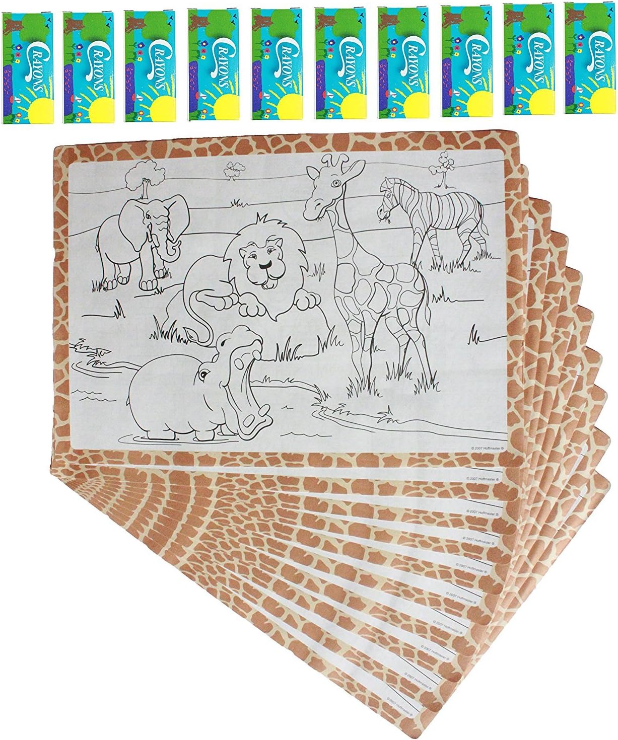 Children's Activity set of 10 Paper Placemats with Set of Crayons Disposable Kids Coloring set - Jungle theme