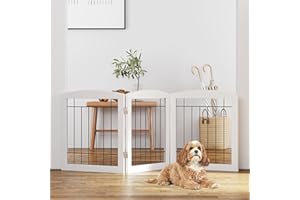PAWLAND Free Standing Dog Gates for The House Stairs Doorways Indoor Foldable Wooden Small White Puppy Pet Gate Step Over Fence 60" W 24" H 3 Panels
