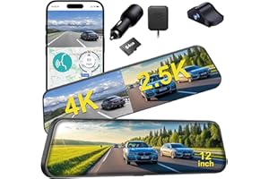 ROADWITNESS 12'' 4K Rear View Mirror Camera,4K+2.5k Front and Rear Mirror Dash Cam,ADAS BSD LCA Smart Rearview Mirror for Cars,App WiFi,Night Vision, Parking Monitor, 64GB Card & GPS Digital View Mirror Dashcam