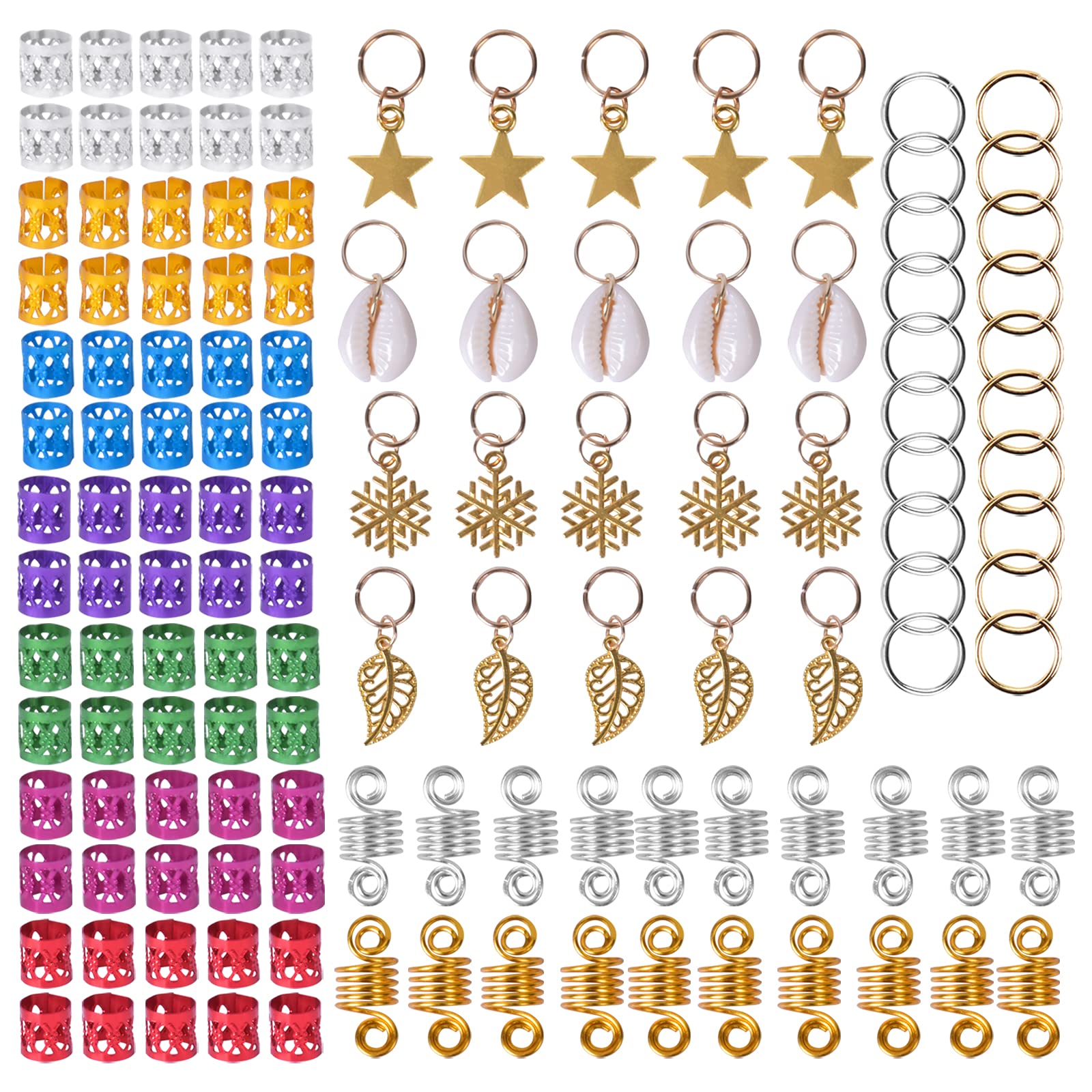 Jinlaili Dreadlocks Hair Rings, 130pc Multi-Color Hair Cuffs & Pendants - Aluminum, Golden, Cute Leaf, Star & Snowflake