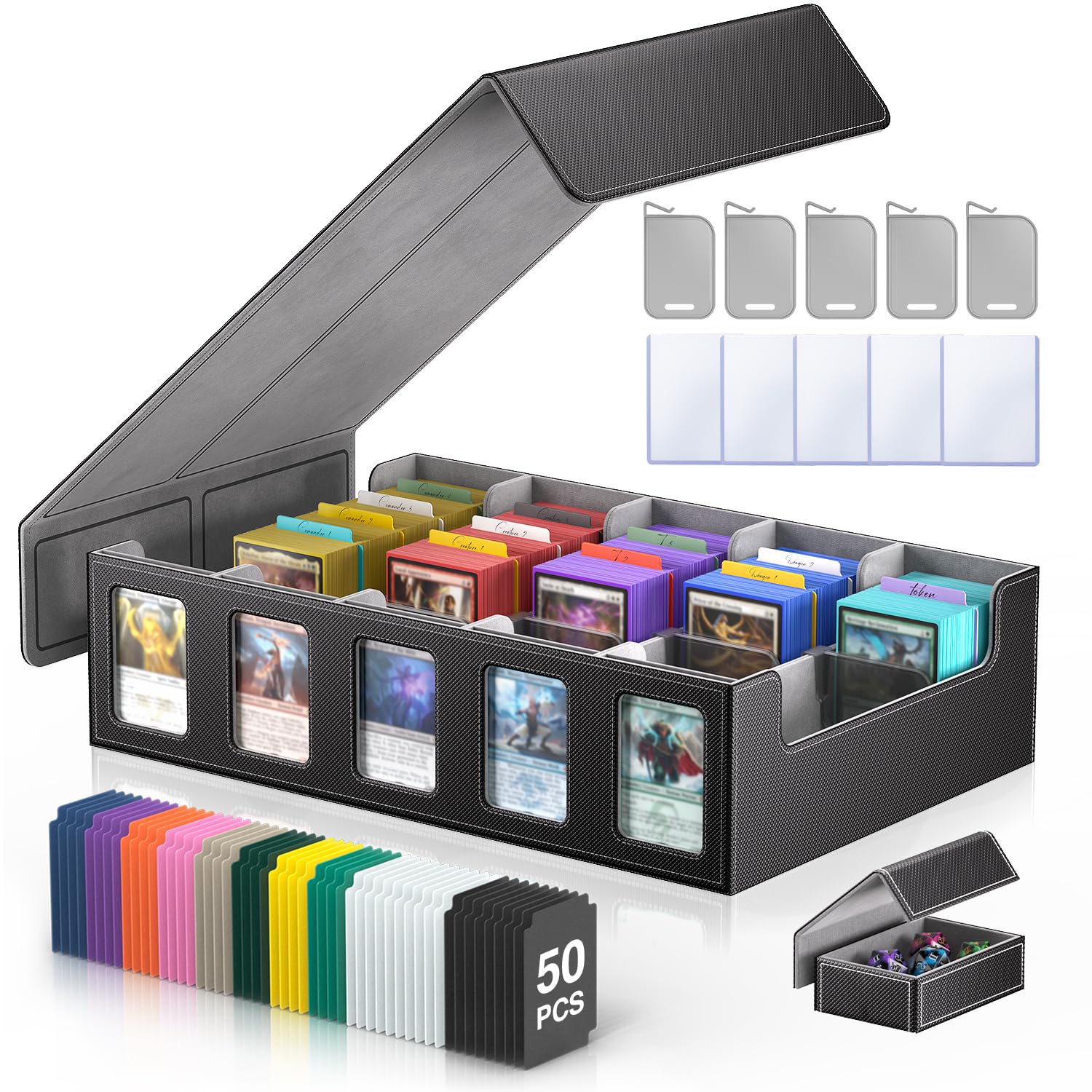 Photo 1 of ***PARTS ONLY . MISSING PARTS, DAMAGE TO THE BOX***Trading Card Storage Box 3900+ Capacity - 5-Row Card Case with Magnetic Lid & Commander Display for MTG TCG Sports Cards,Includes 5 Toploaders/50 Dividers/10 Stoppers/Dice Box/Cleaning Cloth