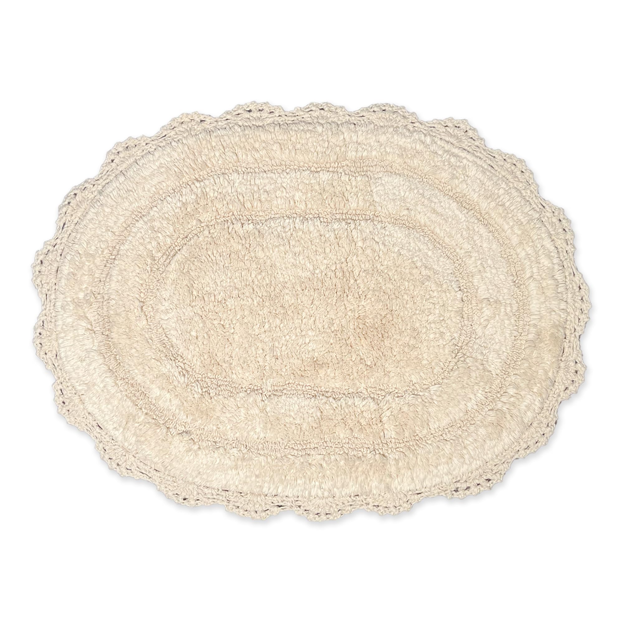 Chardin home Ivory Crochet Bathrug, 100% Cotton Oval bathmat with artisanally Handcrafted Crochet Border, 17x24 Inch Oval tubmat, Small Rug, Perfect for Half Baths, Powder Rooms, bathrooms