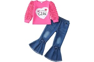 Kucnuzki Toddler Girl Clothes Cute Kids Clothes Long Sleeve Shirts Top Bell Bottom Denim Jeans Pants 2 Piece Matching Outfits