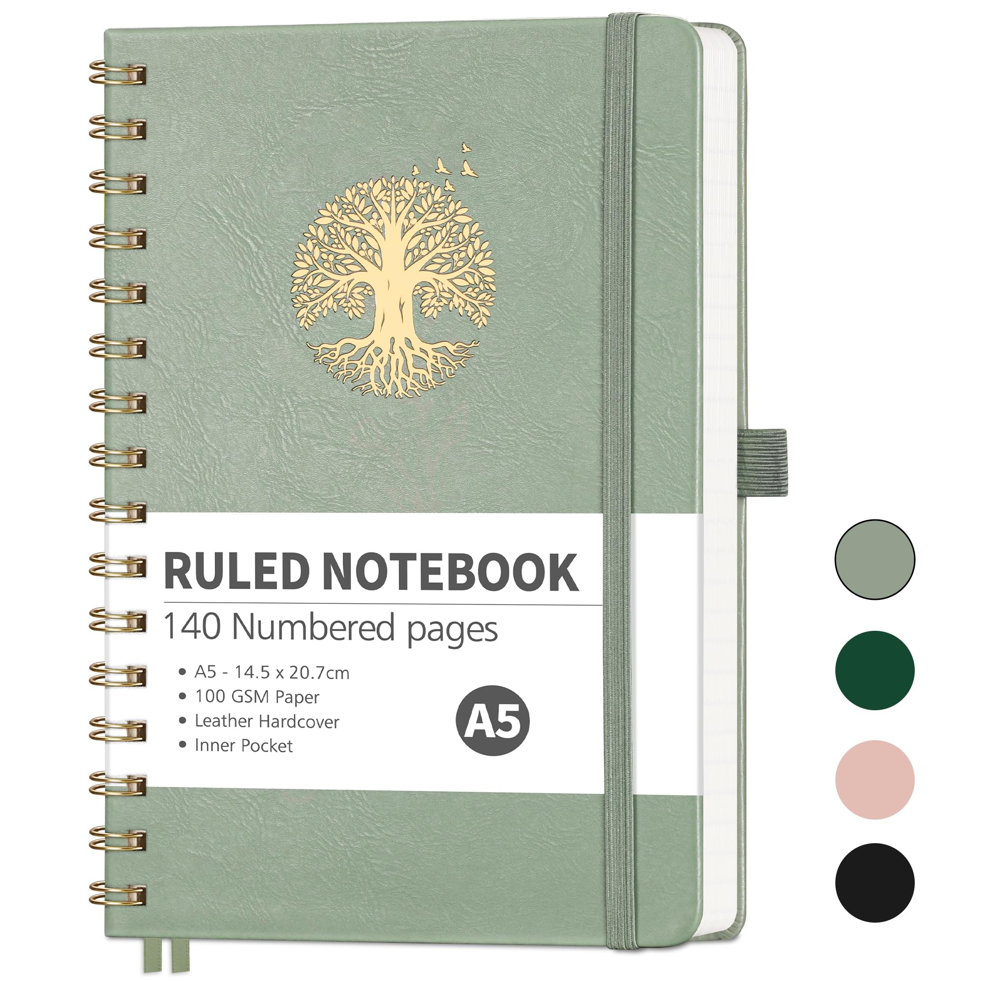 RETTACY A5 Notebook-Spiral College Ruled Notebook Journals for women,140 Numbered Pages Note Pad with 100GSM Premium Paper for Writing,Inner Pocket,Sticky Notes,14.5 x 20.7cm - LightGreen