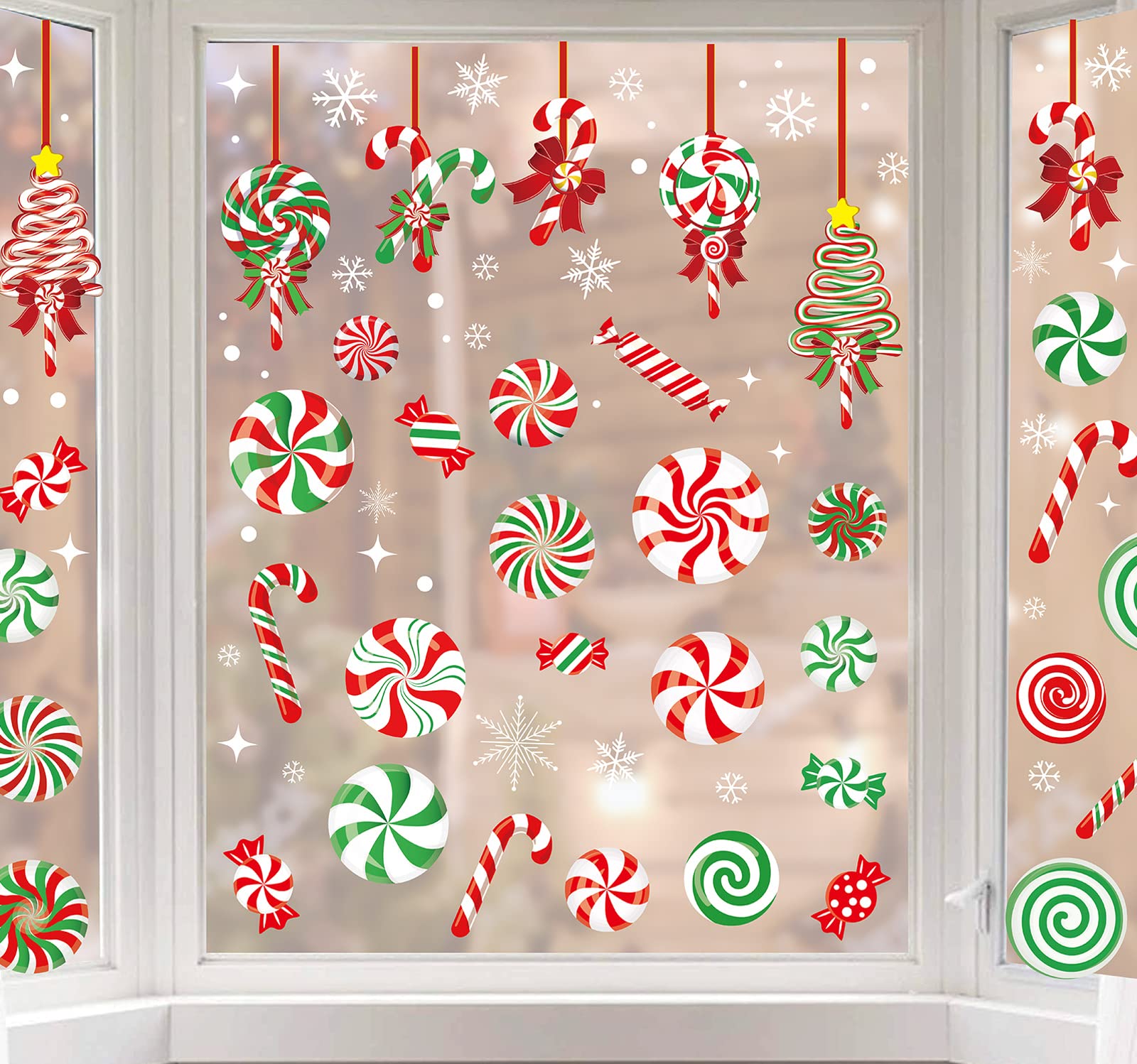 AnyDesign 9 Sheet Christmas Window Clings Candy Cane Lollipop Peppermint Window Decals Double-Sided Merry Christmas Window Decor for Xmas Home School Office Decoration Candyland Party Supplies