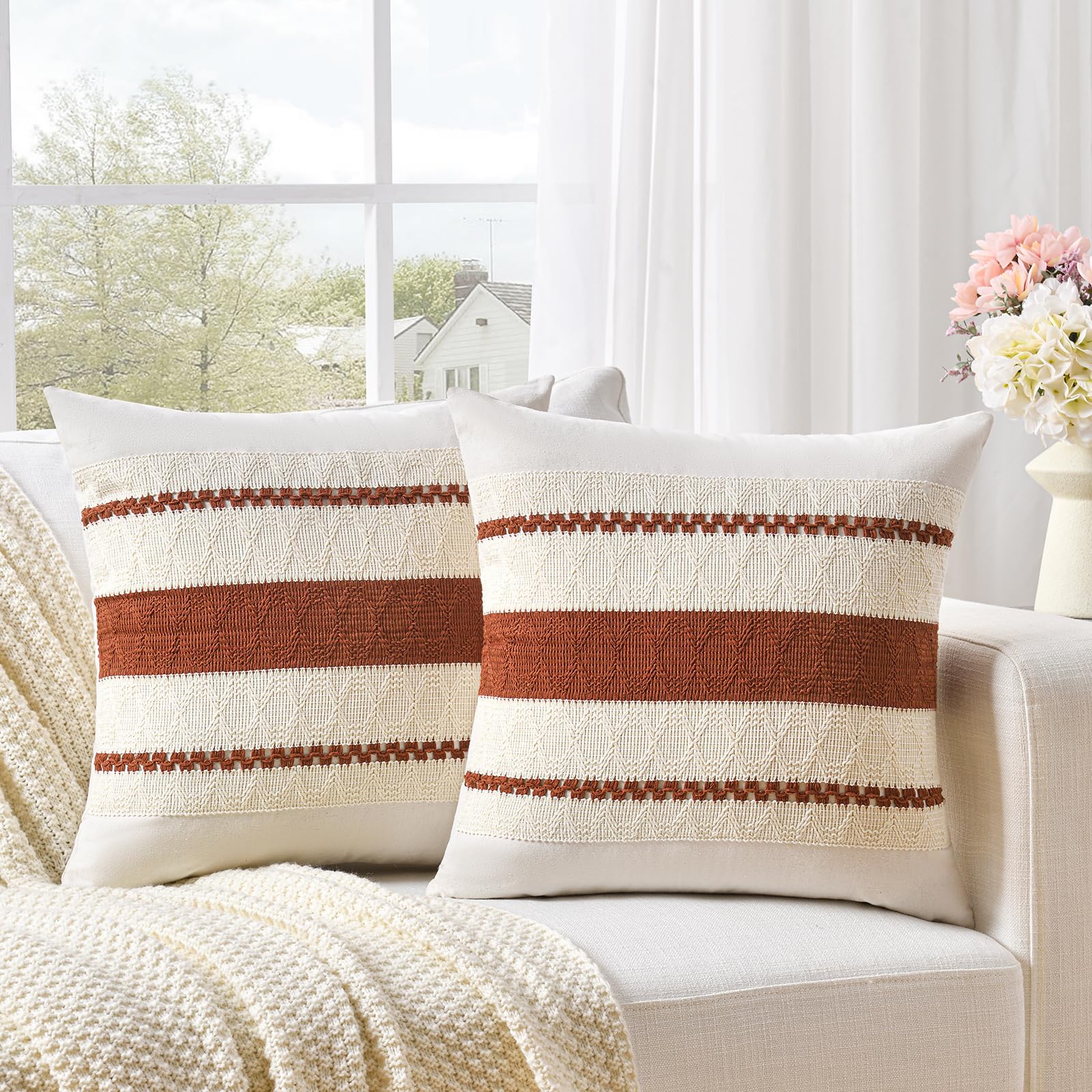 Photo 1 of Fancy Homi Set of 2 Rust Boho Decorative Throw Pillow Covers 22x22 Inch for Couch Bed Sofa, Aesthetic Modern Organic Fall Room Decor, Soft Cotton Cute Terracotta Textured Farmhouse Cushion Case