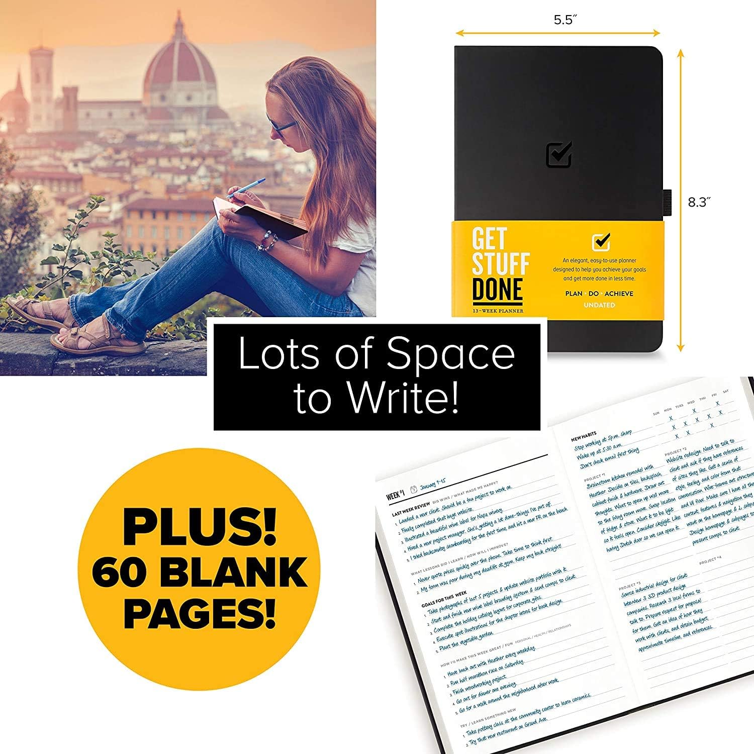 Get Stuff Done Planner for Productivity - 13 Week Undated Planner, 8.3” x 5.5” - Monthly, Weekly And Daily Agenda - Best For Full Focus And Achieving Goals - Personal Organizer for Men & Women : Office Products