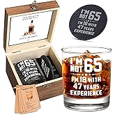 Harmora 65th Birthday Gifts for Men – Funny Whiskey Glass Set for Him Born in 1961 – 65 Year Old Gift Ideas for Dad, Grandpa, Husband, Friends – Wooden Box, Coaster, Cards