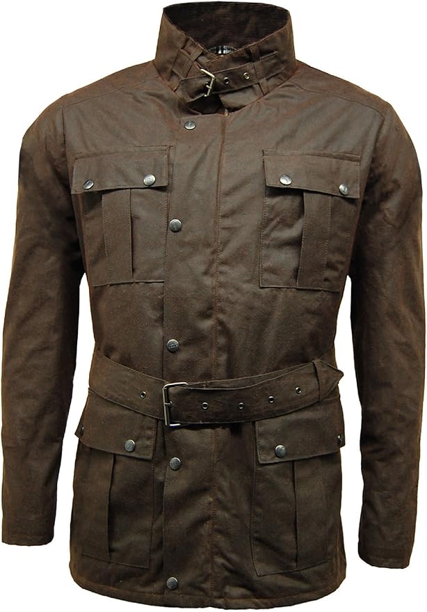 Game Mens Continental Belted Biker Jacket Wax Motorcycle Coat 100