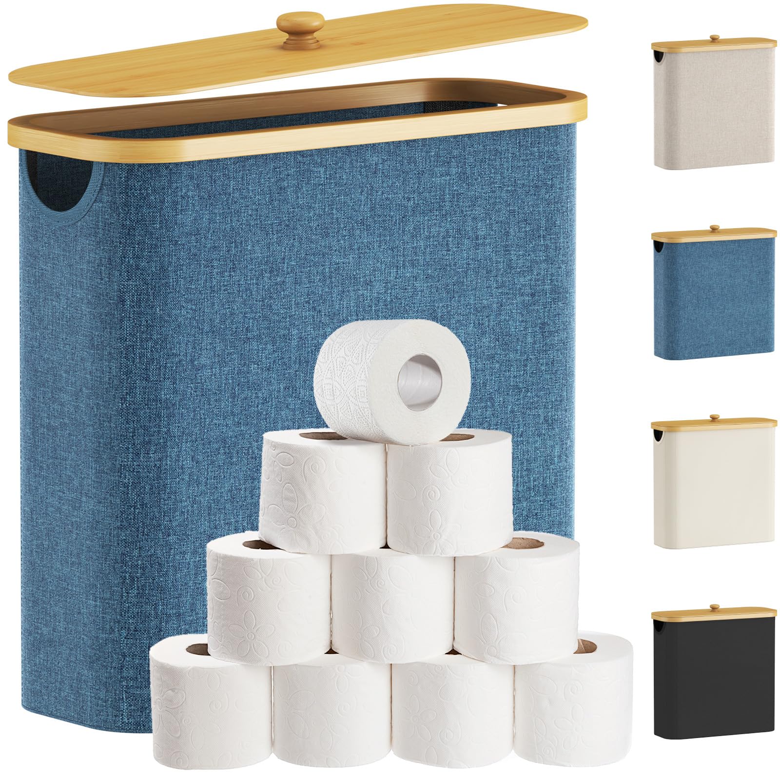 Lifewit Toilet Roll Storage, Bathroom Storage Box Holder Stand with Lid, Bamboo Multifunctional Toilet Paper Basket Cabinet with Handle, Blue, 30L