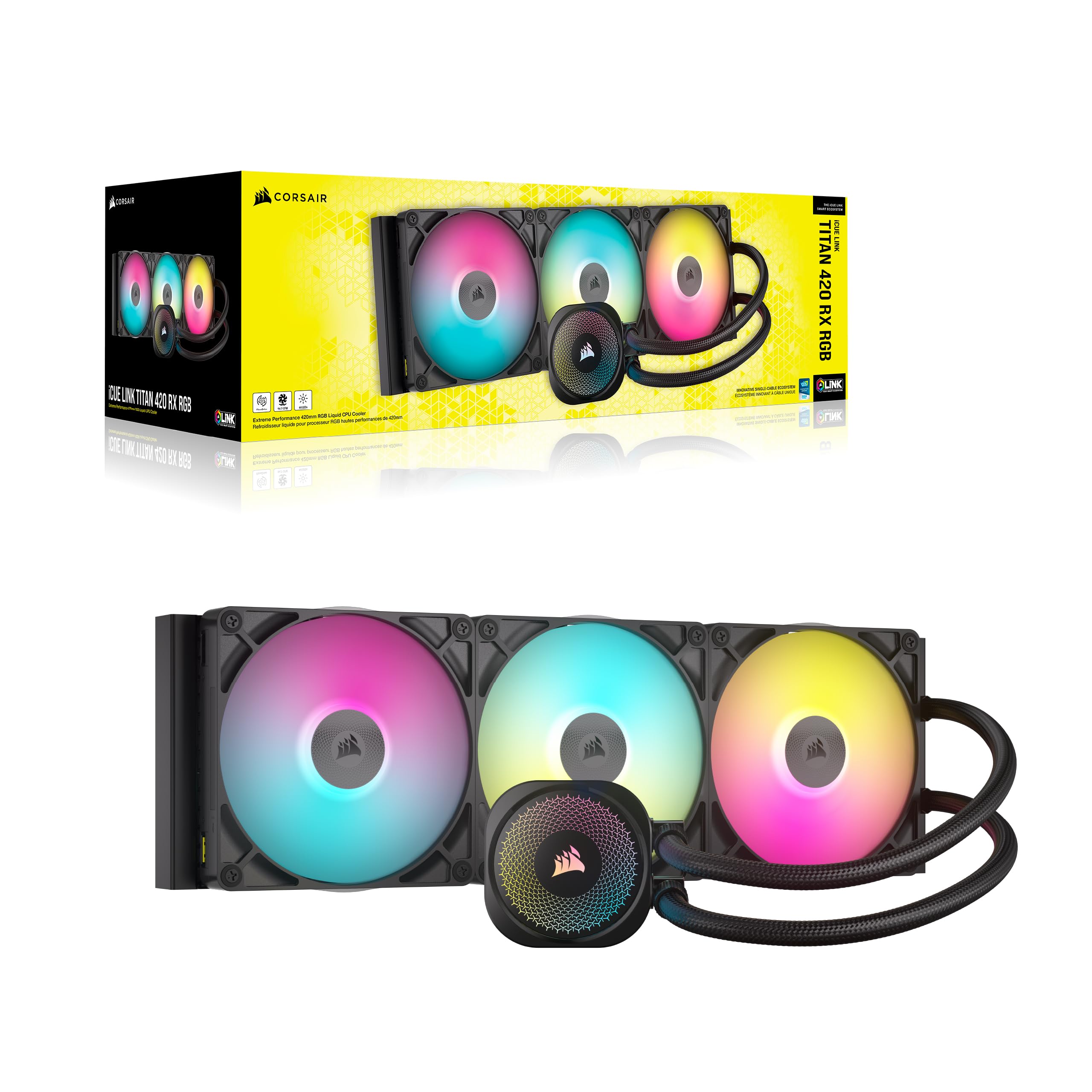 Corsair iCUE Link Titan 420 RX RGB Liquid CPU Cooler – 420mm AIO – Low-Noise – FlowDrive Cooling Engine – Intel LGA 1851/1700, AMD AM5/AM4 – 3X RX140 RGB Fans – iCUE Link System Hub Included – Black