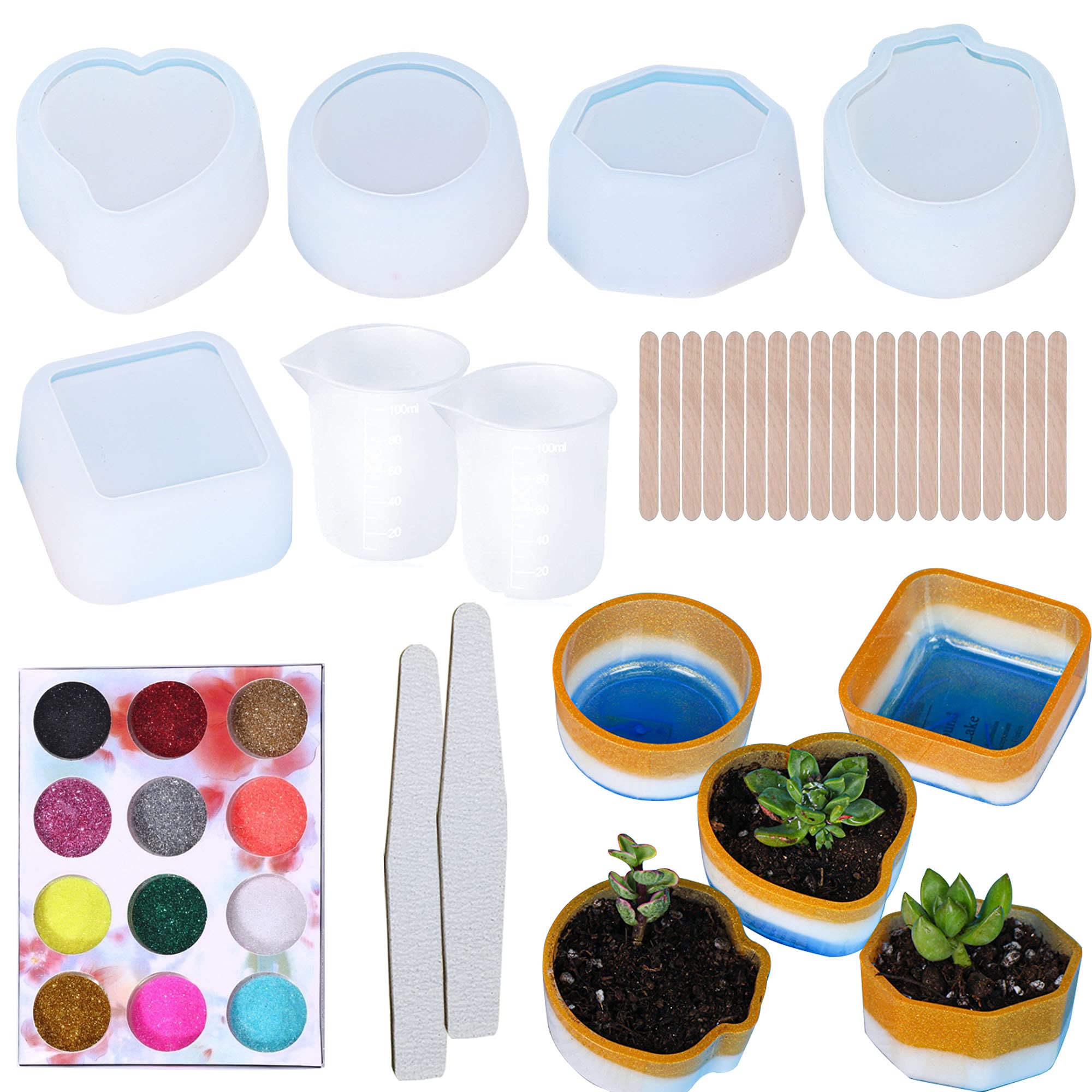 Cayway 30-Piece Silicone Resin Mould Set - 5 Moulds, 12 Color Glitter, Flower Pot & Ashtray Moulds