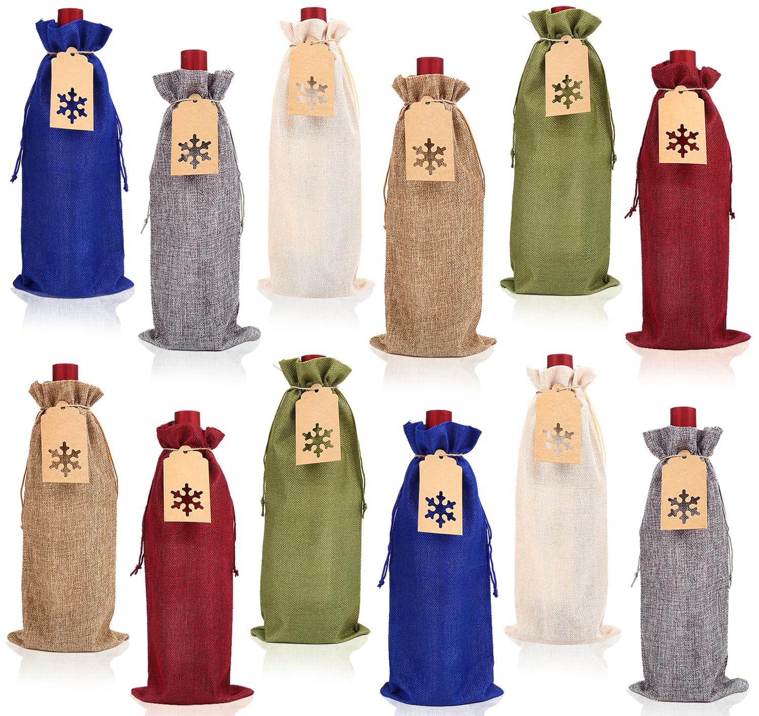 FINGOOO Burlap Wine Gift Bags, 12 Pcs Drawstring Bottle Covers with Gift Tags for Christmas Party
