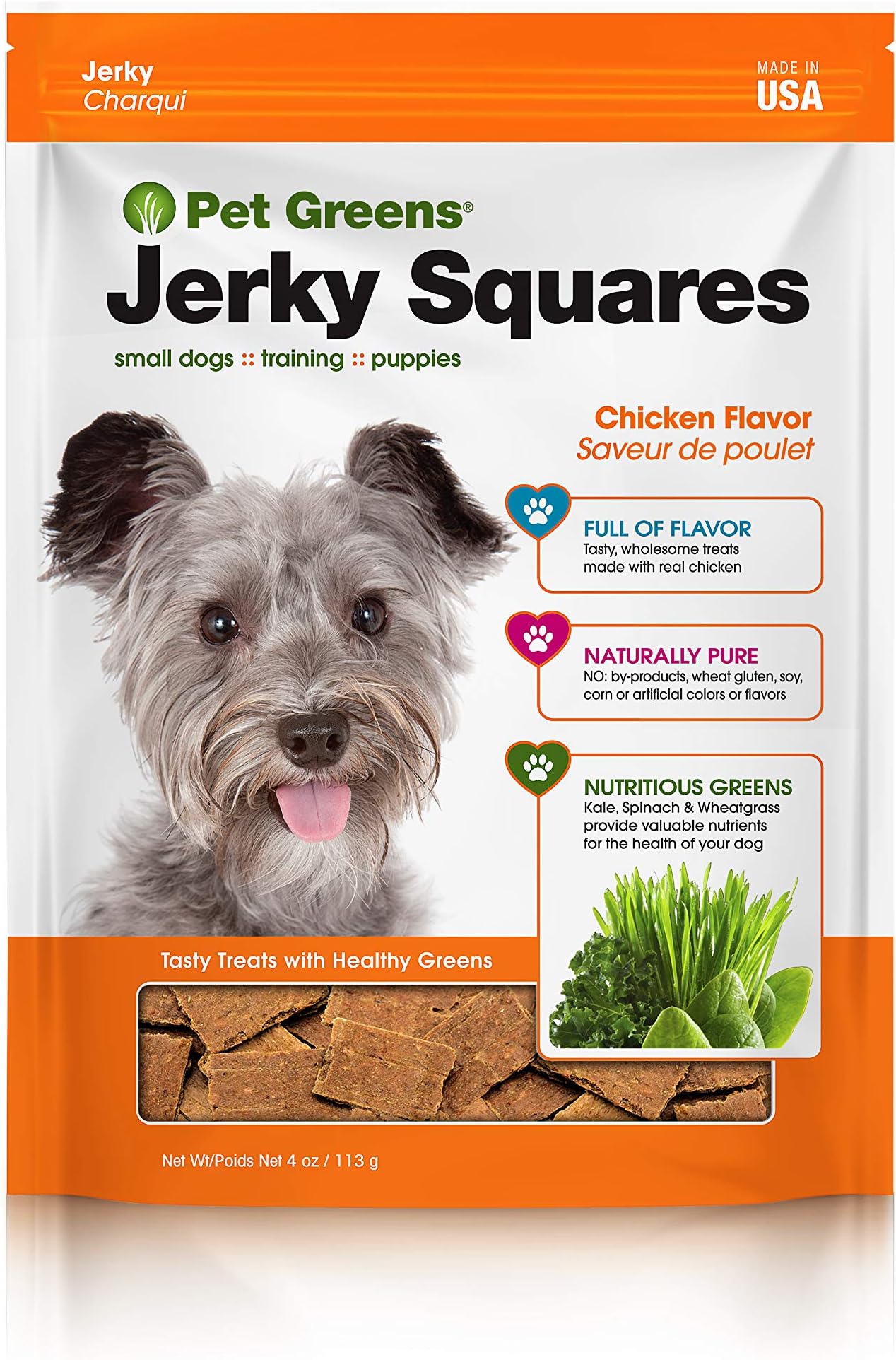 Pet Greens Dog Jerky Squares; All-Natural Dog Treats Made with Real Meat & Healthy Greens; Made in USA
