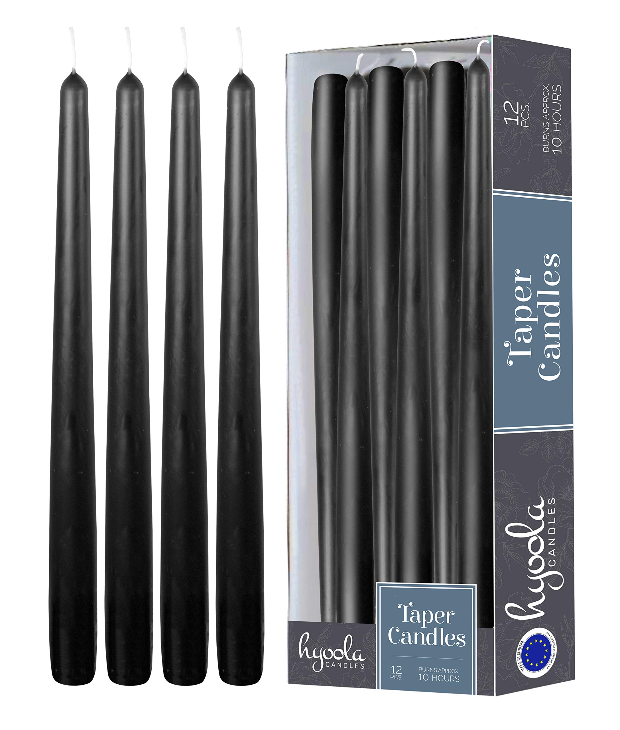 Hyoola Black Taper Candles - 300 mm (12 Inch) Unscented Dripless Taper Candles - 10 Hour Burn Time - 12 Pack