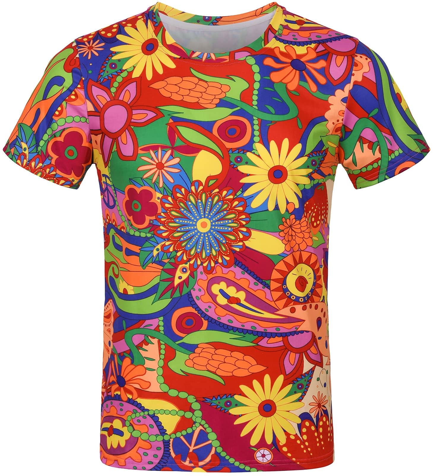 COSAVOROCK Men's 60s 70s Hippie Shirts Costumes Hippy Fancy Dress Floral T-Shirts XXL
