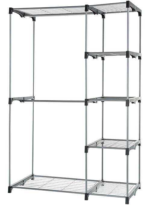 AmazonBasics - Freistehender Kleiderschrank, mit zwei Kleiderstangen, Silber