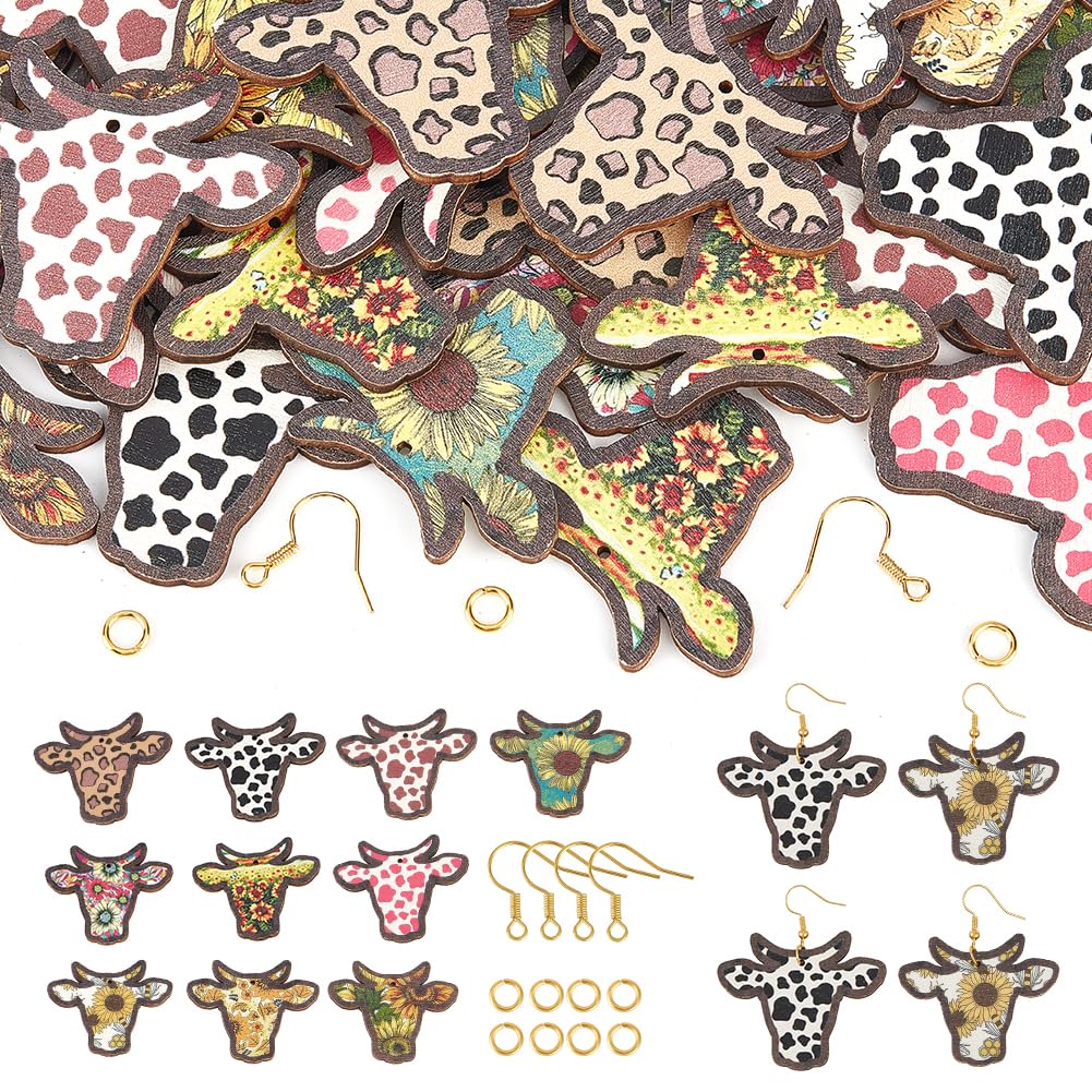 SUNNYCLUE 1 Box 140Pcs Cattle Head Wood Earring Making Kit Cow Charm Bulk Animal Charm Sunflower Natural Wooden Charms Bohemian Wood Earrings for jewellery Making Kits DIY Dangle Earrings Supplies