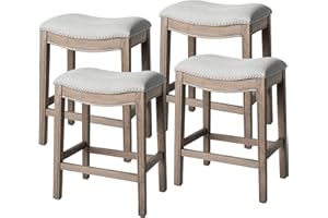 Maven Lane Adrien 26 Inch Counter Height Upholstered Backless Saddle Barstool in Reclaimed Oak Finish with Ash Grey Fabric Cushion Seat, Set of 4