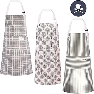 LAOZHOU 3 Stücke Baumwolle Leinen Kochschürze, mit Tasche Verstellbare Küchenschürze Damen und Männer zum Kochen oder Backen beige