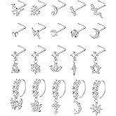 SOMEITIA 20PCS 20G Surgical Steel Dangle Nose Rings for Women L Shaped Nose Studs Dangling Nose Rings Hoops CZ Flower Butterfly Moon Nose Piercing Jewelry