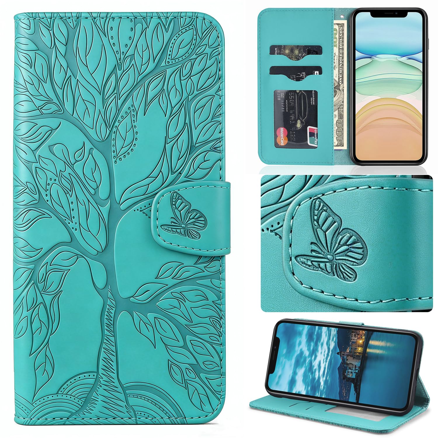 Aisenth Wallet Case for iPhone 14 Pro Max (6.7 inch), The Tree of Life Embossed PU Leather Wallet Flip Folio Case Magnetic Protective Cover with Stand function, Card Slots + 1 Wrist Strap (Blue Green) — image 1