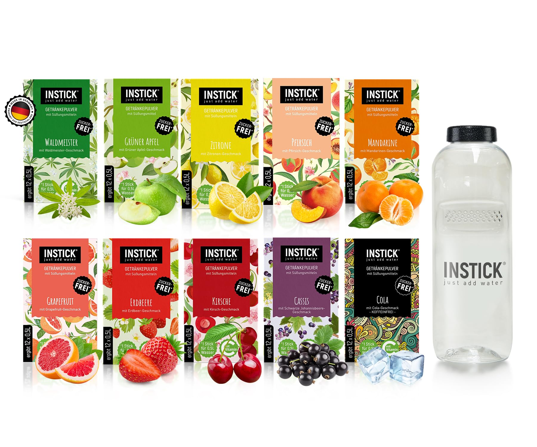INSTICK Zuckerfreies Instant-Getränk (Bundle S Klassik + Tritan Trinkflasche 1 L) 10x12 Sticks - 1 Stick für 0,5-1 L - Veganes Getränkepulver Kalorienarm & Vitamin C - Instant-Pulver