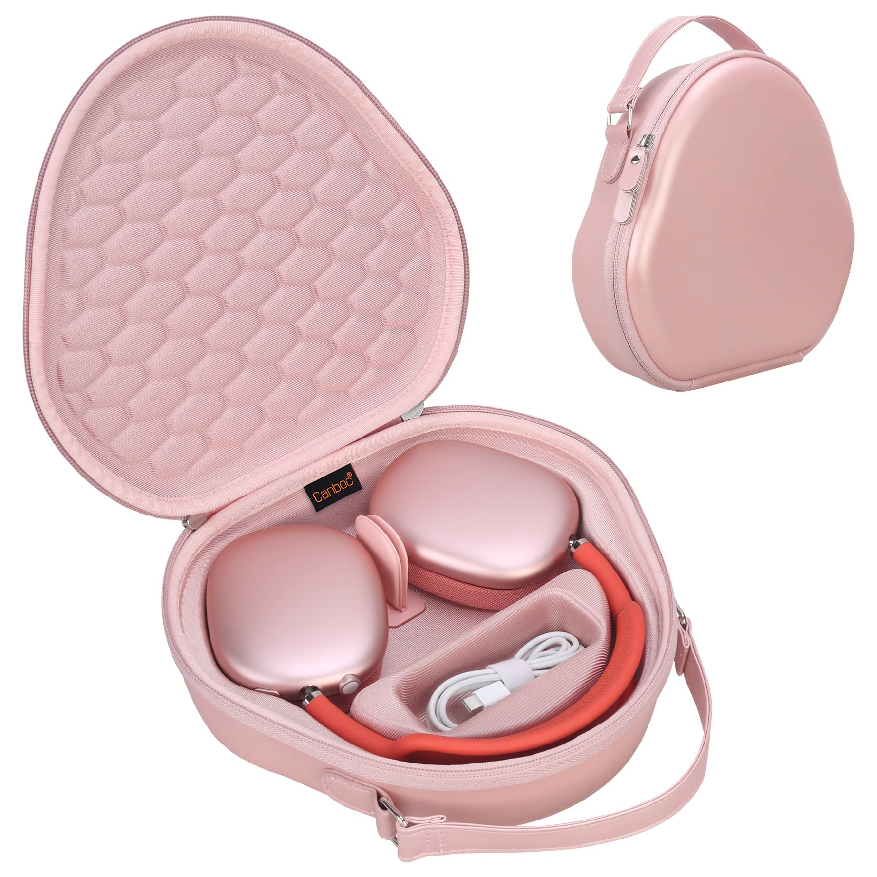 Canboc Airpods Max Case for Apple AirPods Max Headphone, Hard Carrying Smart Headphones Case, Extra Space fits Cable, Charger,Pink (PU)