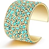 HSWE Turquoise Chunky Cuff Bracelets Irregular Crystal Chip Stone Beads Gold Beads Wide Bangle Bracelet Adjustable Statement Thick Arm Cuff Bracelets for Women Western Party Wrist Jewelry