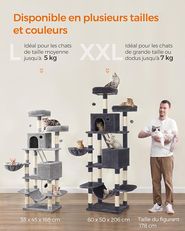 Arbre à Chat, 203,5 cm, 2 Plateformes, 2 Grottes, Panier, Hamac