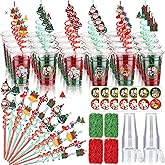 Vesici 124 Pcs Christmas Plastic Cups Bulk with Lids Straws Stickers Raffia Snowman Santa Claus Plastic Cups Xmas Disposable Clear Mugs Party Favor Holiday Birthday Wedding Party Supplies, 24 Sets