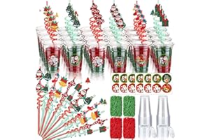 Vesici 124 Pcs Christmas Plastic Cups Bulk with Lids Straws Stickers Raffia Snowman Santa Claus Plastic Cups Xmas Disposable Clear Mugs Party Favor Holiday Birthday Wedding Party Supplies, 24 Sets