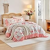 Flower Comforter Set Queen Size 90 * 90in - White Pink Floral with Green Leave Style -3 Pieces Shabby Chic Farmhouse Bedding with Ruffled Fringe Rustic Lightweight Fluffy Ruffle Comforter with Shams