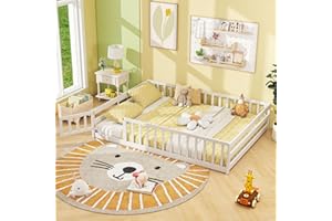 Giantex Full Floor Bed with Door & Fence, Kids Wood Montessori Beds with Safety Guardrails, Floor Bed Twin for Kids, Boys, Girls, No Box Spring Needed, White