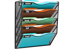 Supole Organiseur mural en maille à 5 poches à suspendre pour documents, courriers, magazines avec étiquette nominative pour 