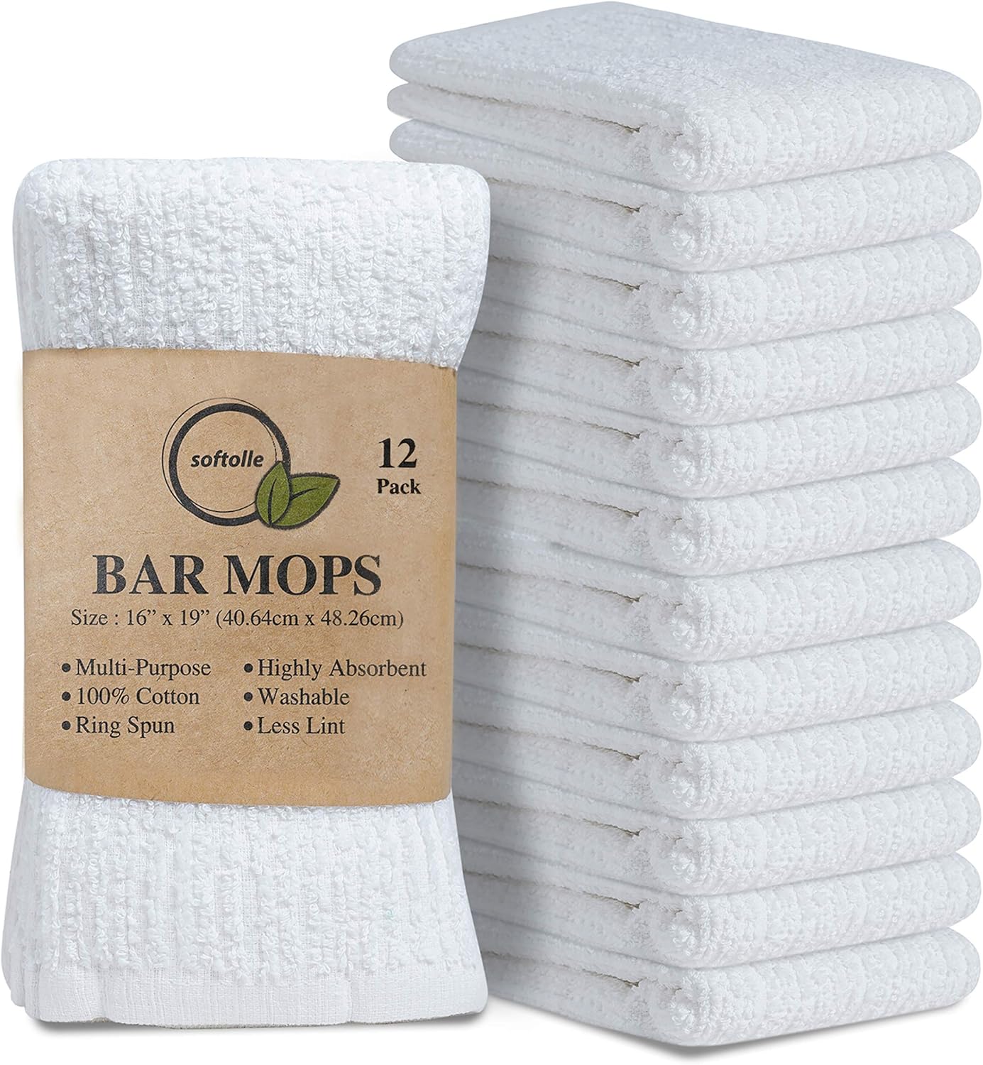 Softolle Kitchen Towels, Pack of 12 Bar Mop Towels -16x19 Inches -100% Cotton White Towels - Super Absorbent Bar Towels, Multi-Purpose for Home, Kitchen and Bar Cleaning (White): Home & Kitchen