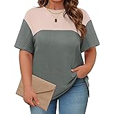 Cakrisyal Womens Plus Size Short Sleeve Color Block Pullover Tunic Tops Summer Casual Crewneck Side Split T Shirts