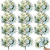 Tigeen 12 Bundles Peonies Artificial Flowers Faux Roses Silk Flowers Hydrangea Artificial Bouquet for Wedding Table Centerpiece Floral Vase Home Office Bridal Decor (Champagne White,Blue)