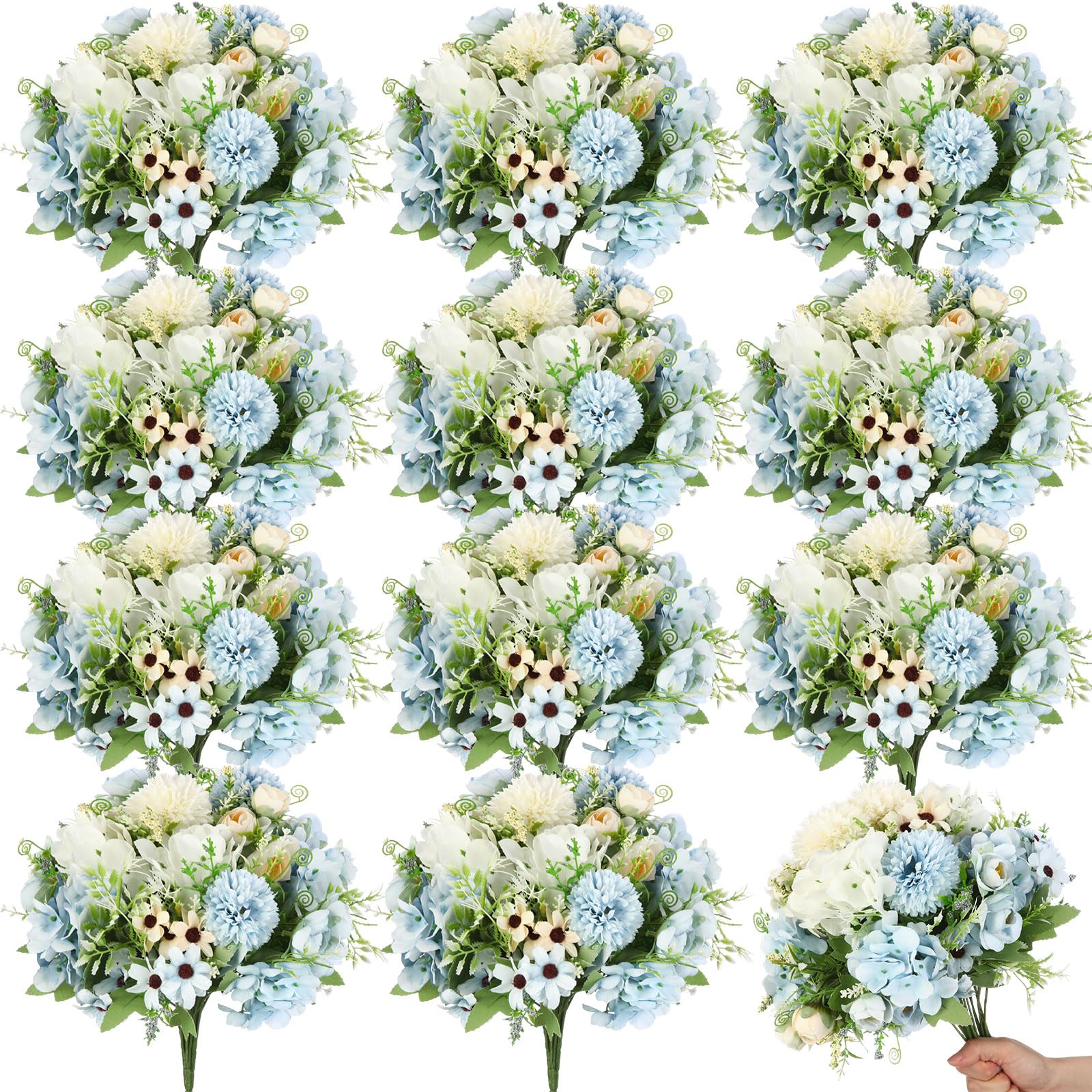 Photo 1 of **PARTIAL SET ONLY 6 ** Tigeen 12 Bundles Peonies Artificial Flowers Faux Roses Silk Flowers Hydrangea Artificial Bouquet for Wedding Table Centerpiece Floral Vase Home Office Bridal Decor (Champagne White,Blue)