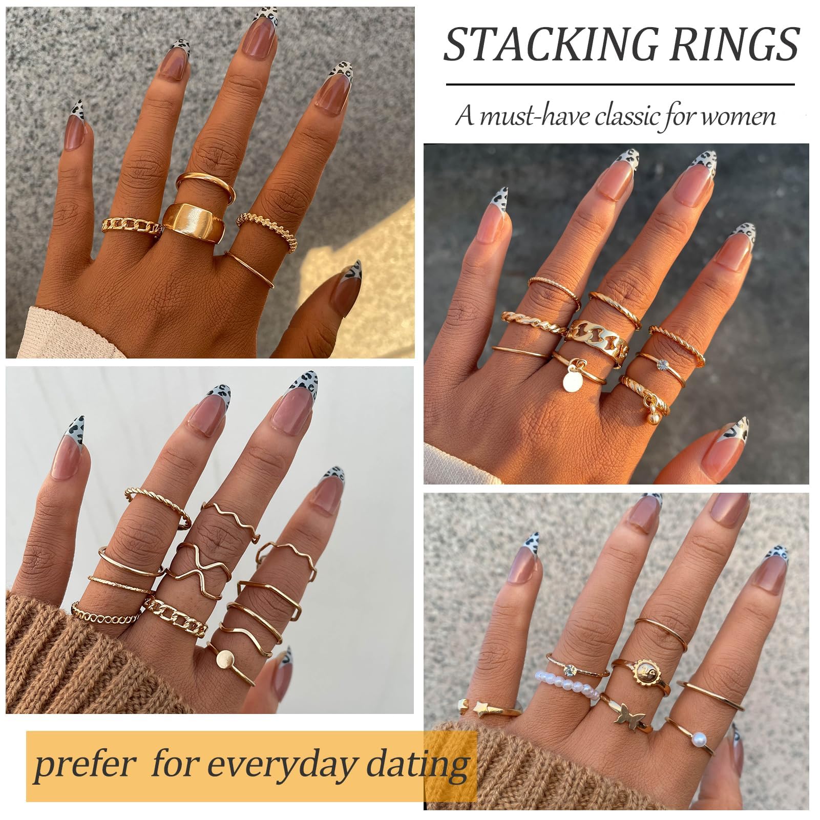 YEEZII 68 Pcs Gold Knuckle Rings Set for Women, Stackable Boho Joint Finger Midi Rings Silver Hollow Carved Crystal Stacking Ring Pack for Gift