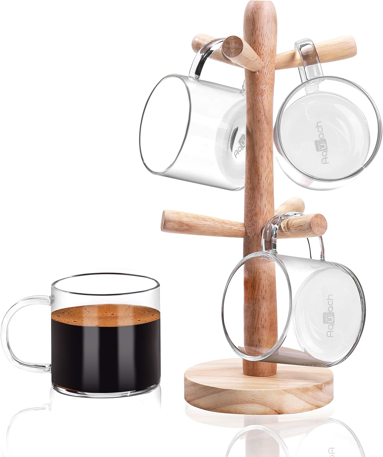 Aquach Coffee Glass Mugs Set of 4, 12 oz, Including Wooden Cup Holder Tree, 6 Hooks