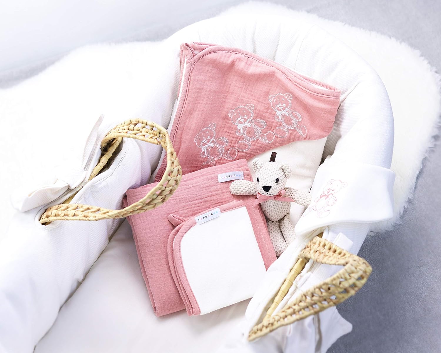 Newborn Baby Gift Basket Set - Shower Gift for Girls. 5 Piece Set. Large Hooded Baby Towel, Washcloth, Cotton Swaddle and Teddy Bear. (Pink) : Baby