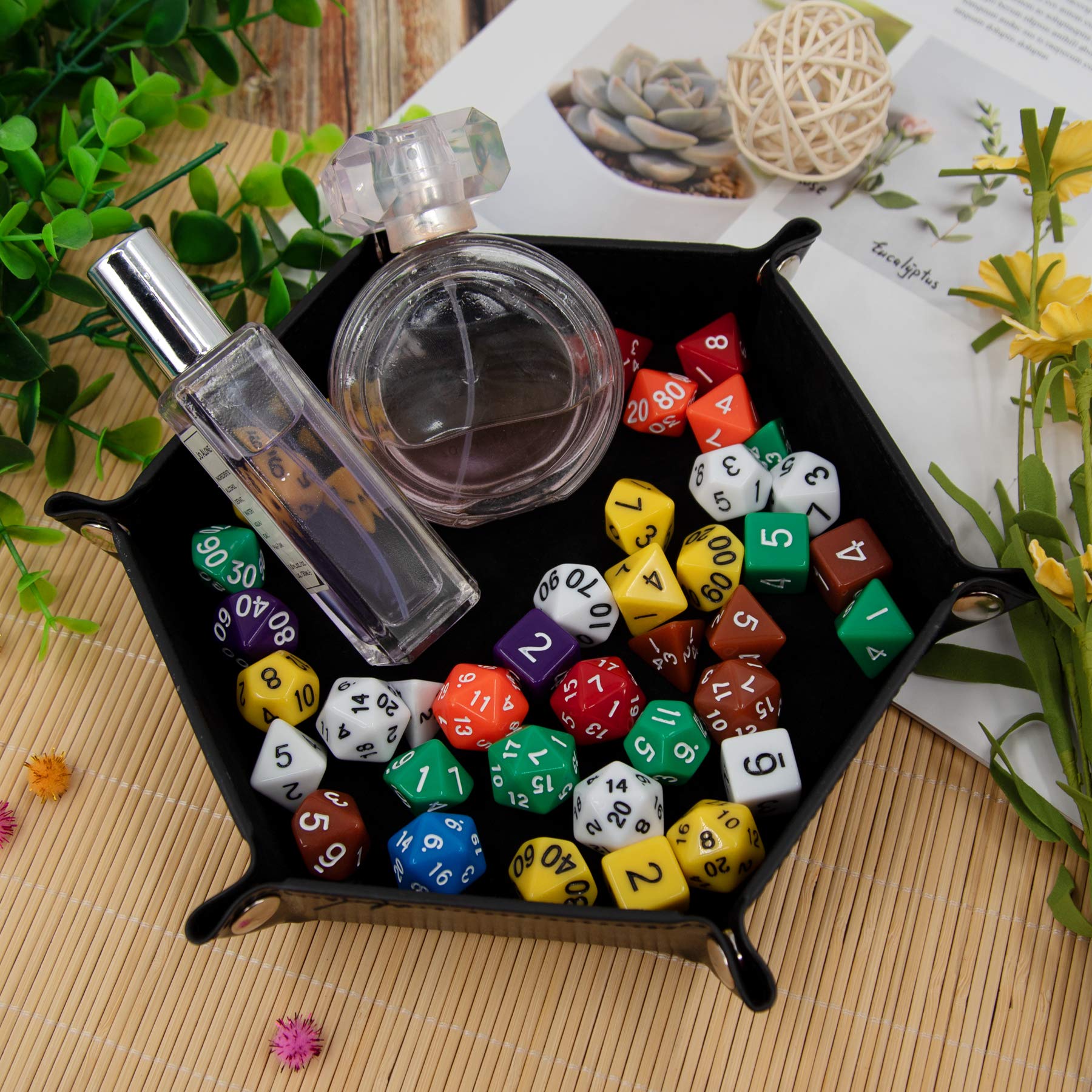 SIQUK 2-Piece Dice Tray - PU Leather Folding Hexagon Dice Holder for RPG, DND and Other Table Games (Camel and Black)