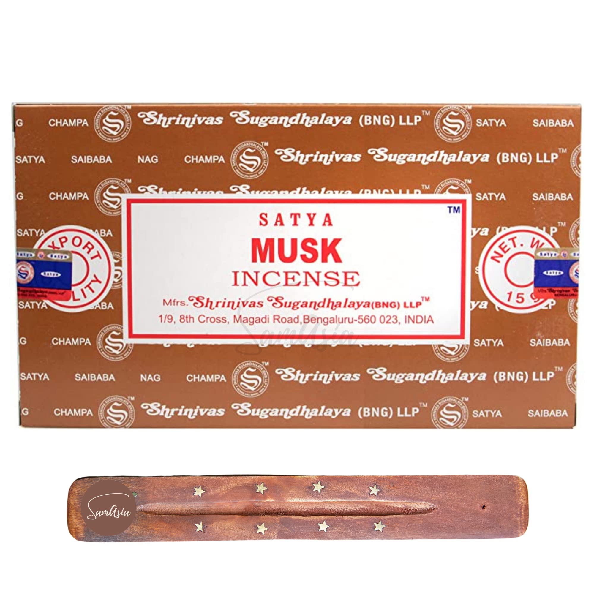 Satya Nag Champa Musk Incense Sticks | x12 pack | with SAMASIA incense sticks holder | Used for Muomatherapy, Spa, Yoga, Weddings, Meditation, Healing, Positivity and Relaxation — image 1