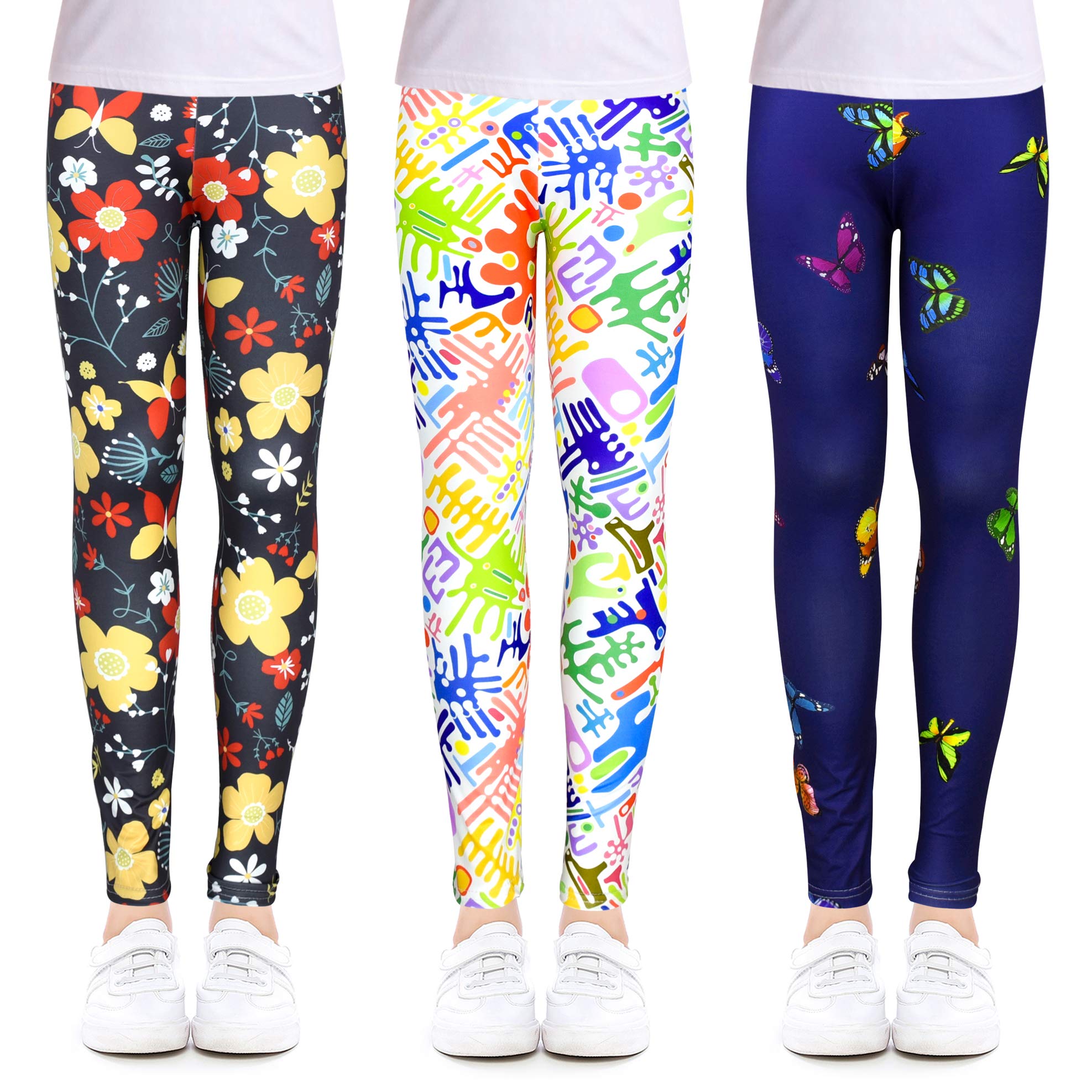 slaixiu 3-Pack Printing Flower Girl Leggings Kids Classic Pants 4-13Y(ZDEF_10-11,80#)