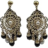 Vintage Style Brass Drop Earrings, Gold-Tone Filigree with Pearl Center and Black Beads