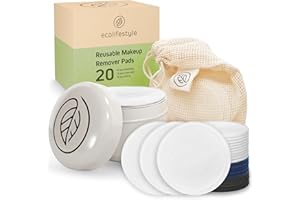 Ecolifestyle Reusable Makeup Remover Pads (20 Pack) - Reusable Cotton Rounds with Laundry Bag & Metal Storage Box | Eco-Friendly, Zero Waste | Bamboo, Terry & Charcoal Washable Face Pads