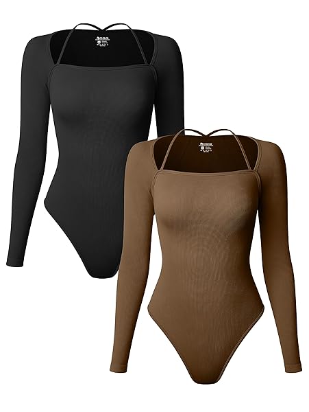 OQQ WOMEN’S 2 PIECE SEXY RIBBED ONE LONG SLEEVE TOP BODYSUIT, BLACK,COFFEE, MEDIUM